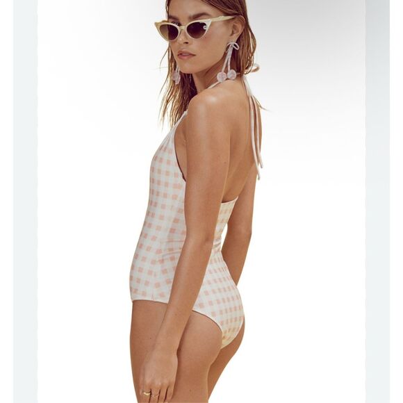 For Love And Lemons Bonnie One Piece Swimsuit Zip Up Small Pink Gingham Halter S - Picture 7 of 16